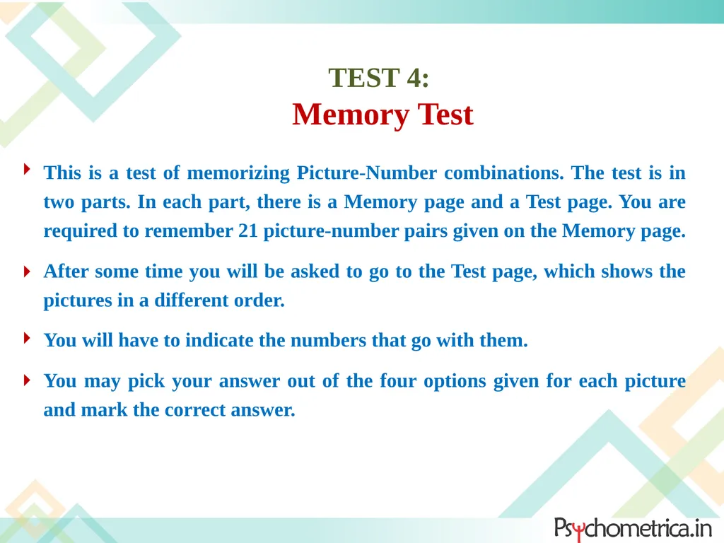 INSTRUCTIONS for PSYCHOMETRIC TESTS It provides an - slide 9 of 14