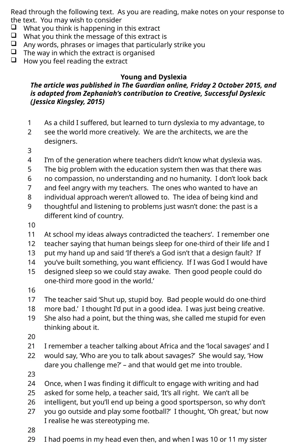How does Benjamin Zephaniah incite us to consider - slide 2 of 8