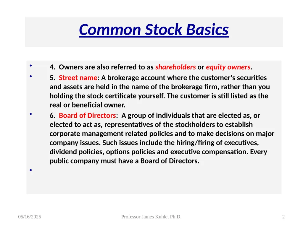 Common Stock Basics 1. Definition: Stocks are A - slide 2 of 50