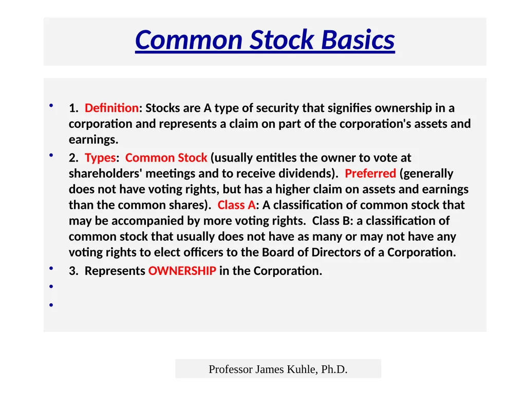Common Stock Basics 1. Definition: Stocks are A - slide 1 of 50
