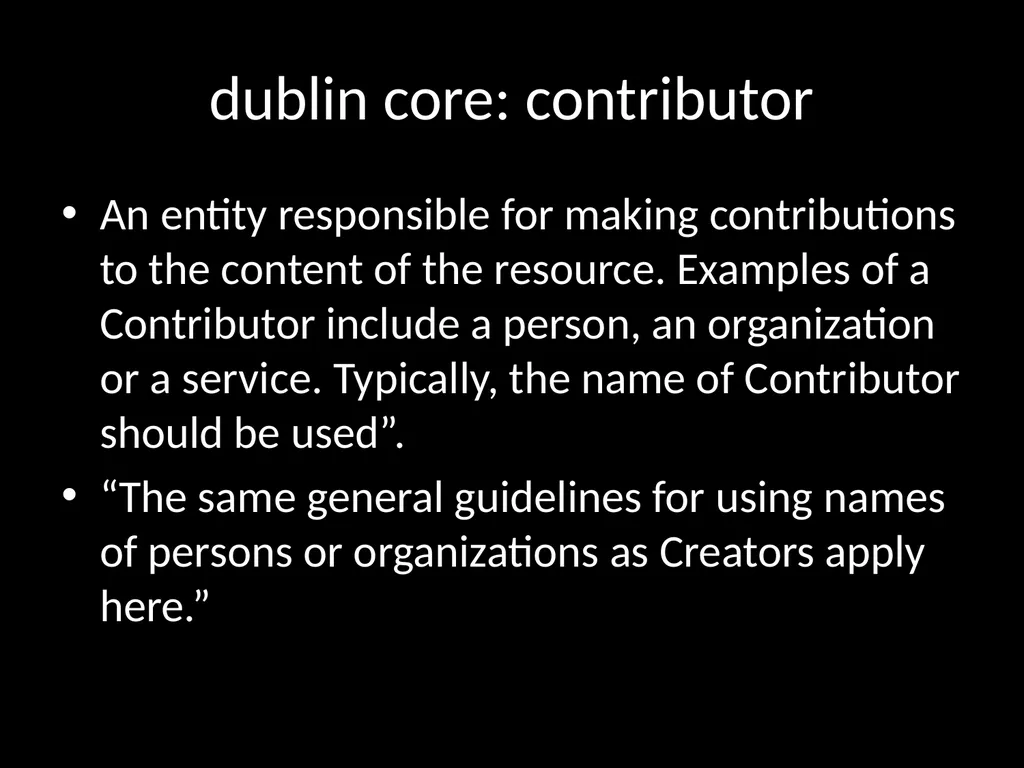 LIS654 lecture 5 DC metadata and omeka tables - slide 12 of 30