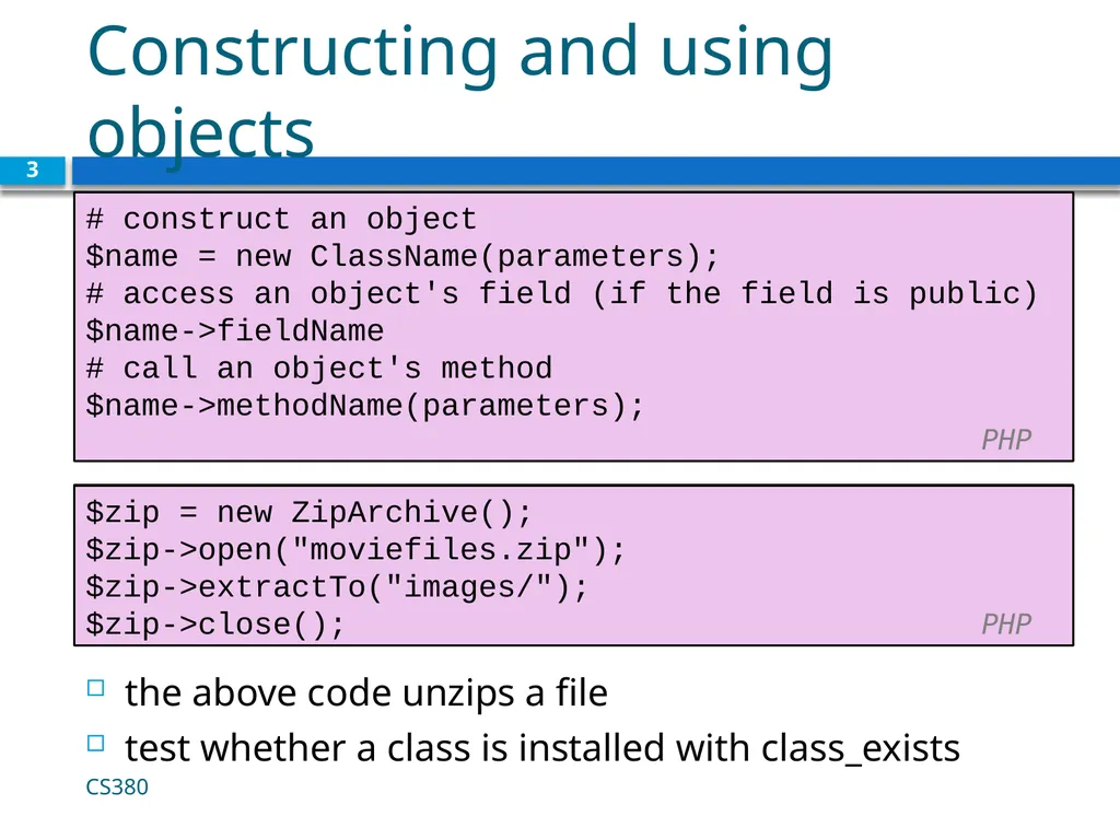 Object Oriented PHP CS380 1 Why use classes and - slide 3 of 11