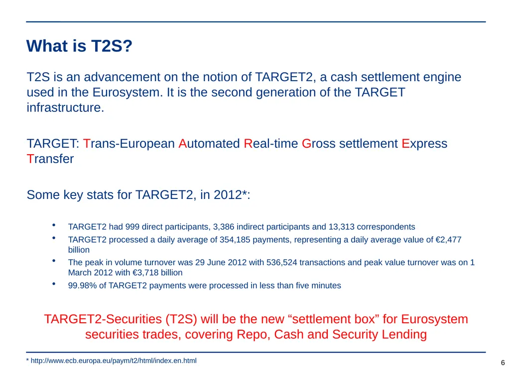 TARGET2-Securities (T2S) is coming, get ready! - slide 6 of 27