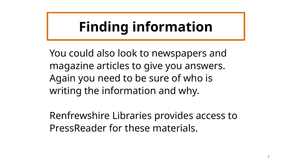 PMHS Library Guide four Finding information 1 - slide 8 of 11
