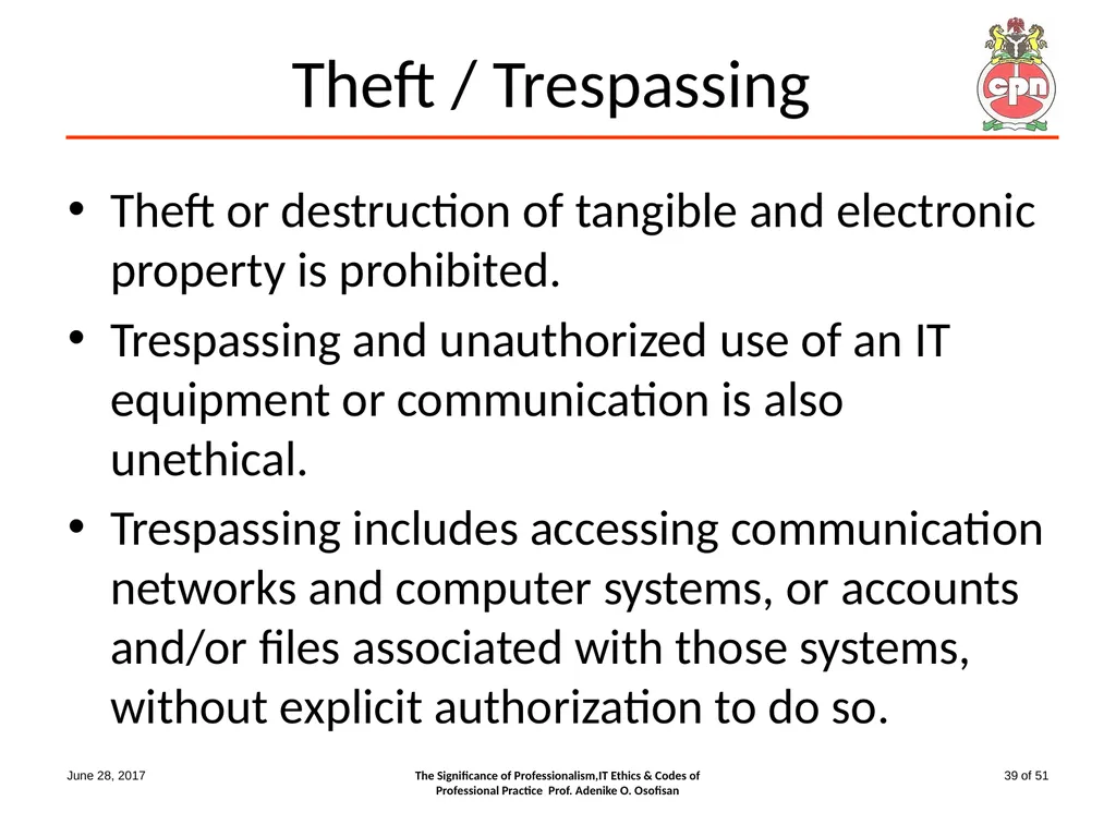 The Significance of Professionalism, IT Ethics & - slide 39 of 51