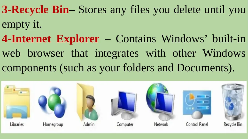 7-3-1 Desktop Icons The Desktop is where you’ll - slide 4 of 9