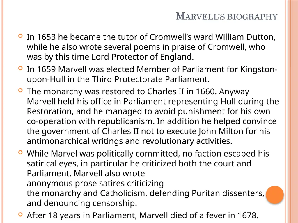 TO HIS COY MISTRESS BY Andrew marvell Table of - slide 4 of 22