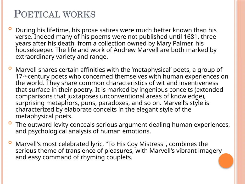 TO HIS COY MISTRESS BY Andrew marvell Table of - slide 5 of 22