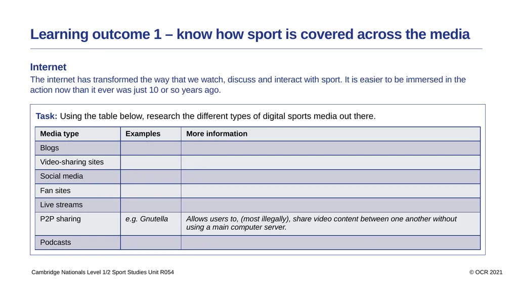 Contents Aims Learning outcome 1 – know how sport - slide 7 of 28