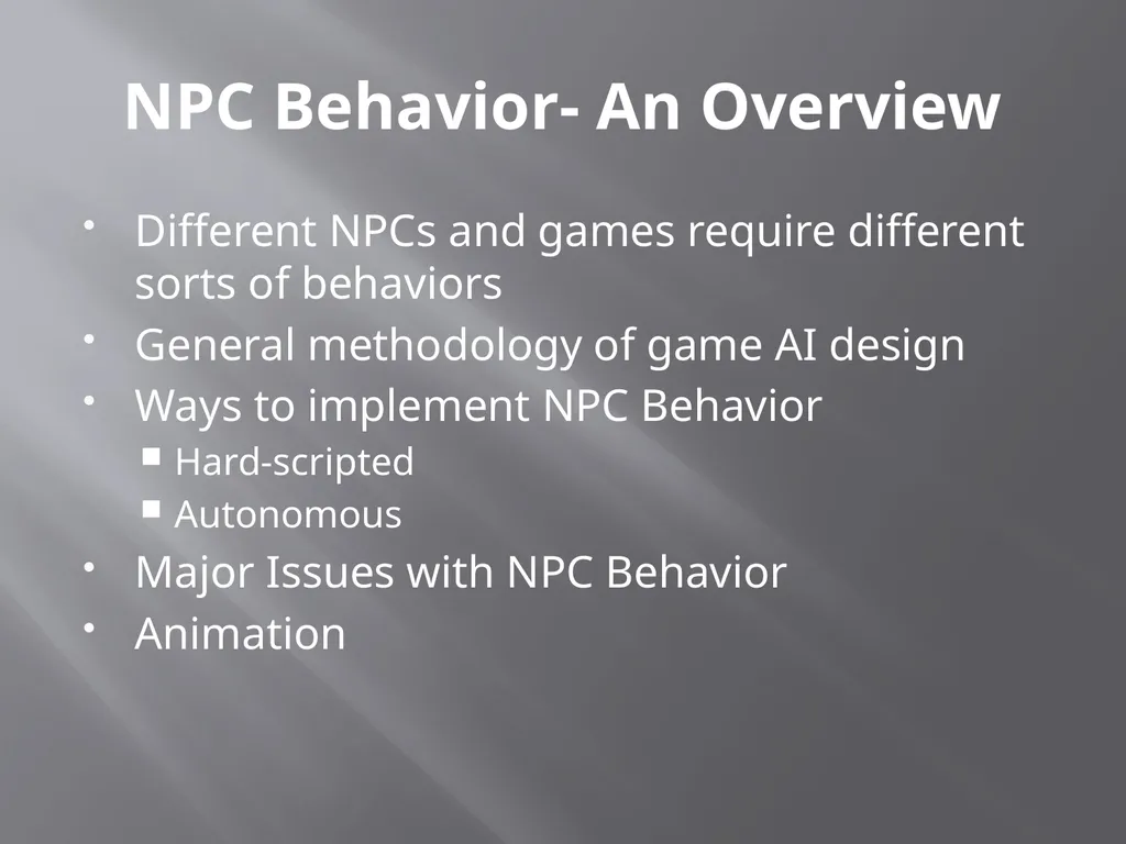 NPC Behavior Jonathan Ziegler AI Game Programming - slide 2 of 37