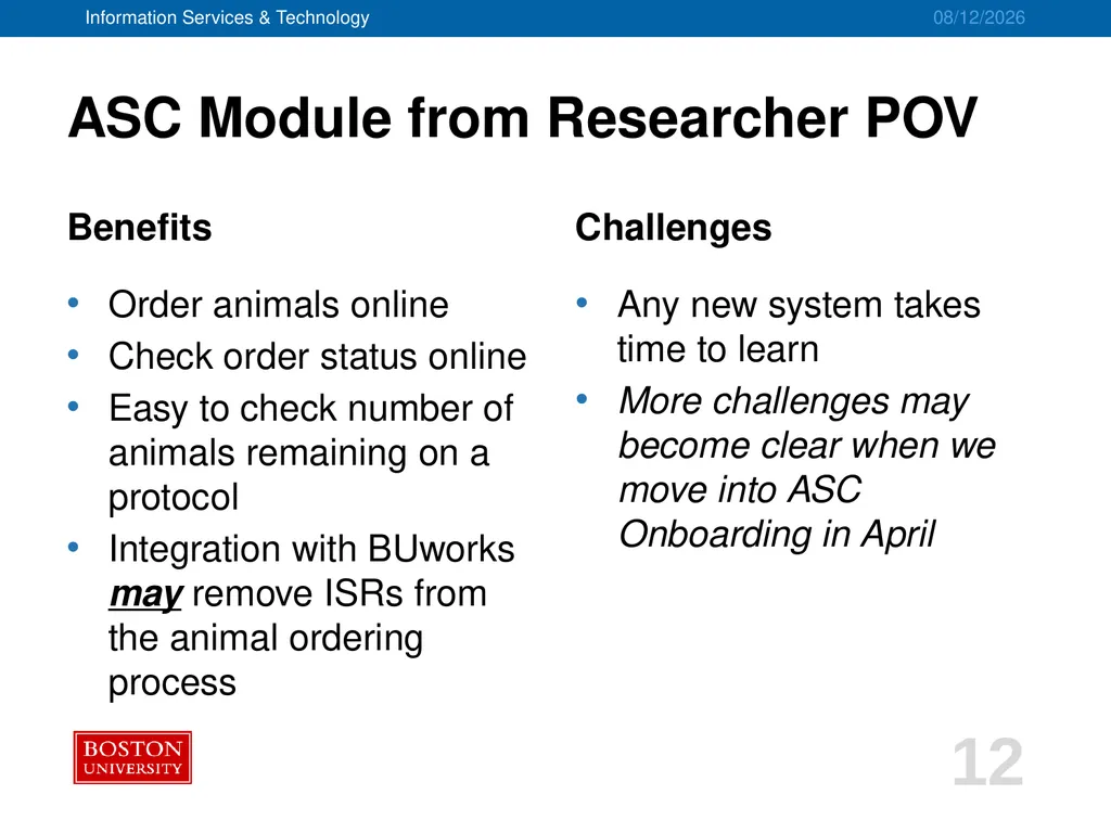 IACUC/ASC Systems Implementation Project Advisory - slide 12 of 20
