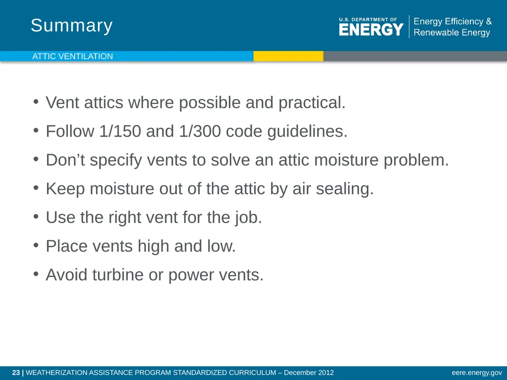 Attic Ventilation WEATHERIZATION ENERGY AUDITOR - slide 23 of 23