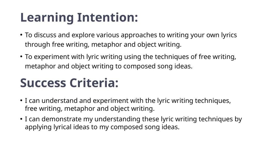 Year 7 and 8 Music: Becoming a SongMaker LESSON - slide 13 of 21