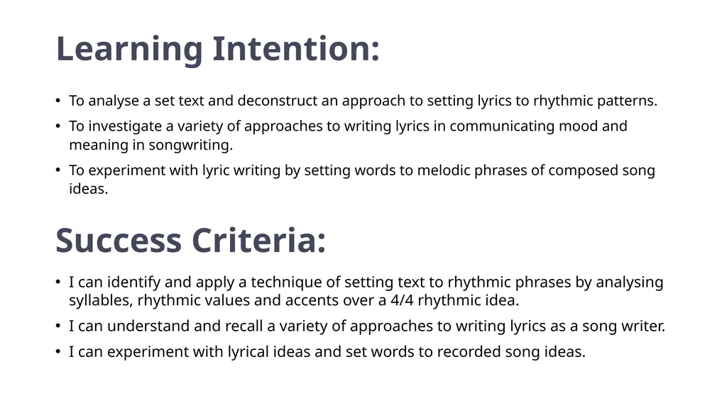 Year 7 and 8 Music: Becoming a SongMaker LESSON - slide 3 of 21