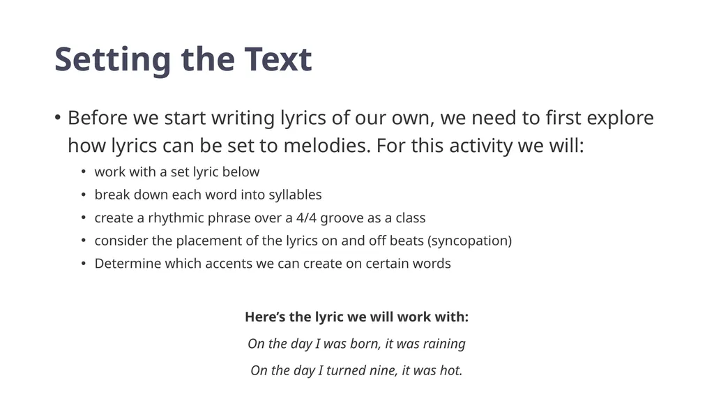 Year 7 and 8 Music: Becoming a SongMaker LESSON - slide 6 of 21