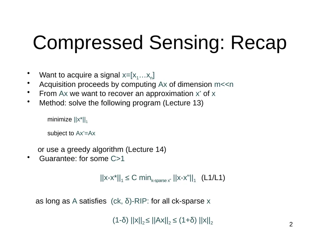 Lecture 15 Sparse Recovery Using Sparse Matrices - slide 2 of 13