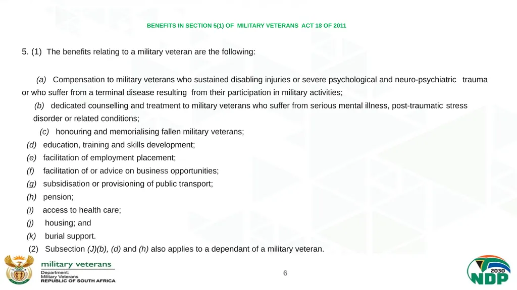 PRESENTATION TO THE PORTFOLIO COMMITTEE ON DEFENCE - slide 6 of 29