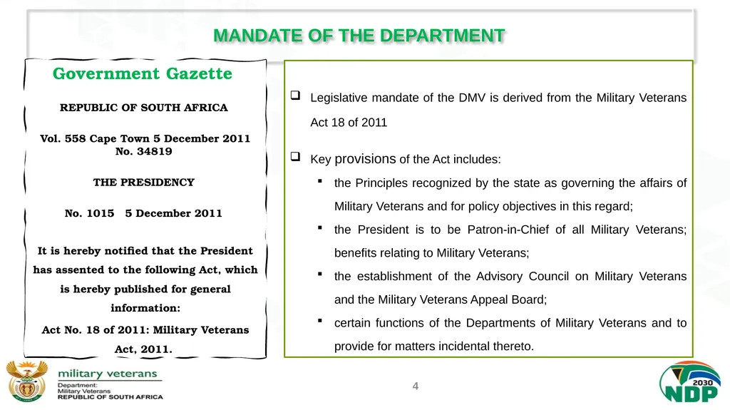 PRESENTATION TO THE PORTFOLIO COMMITTEE ON DEFENCE - slide 4 of 29