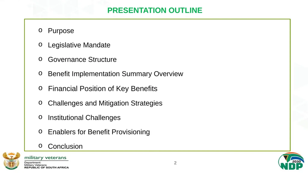 PRESENTATION TO THE PORTFOLIO COMMITTEE ON DEFENCE - slide 2 of 29