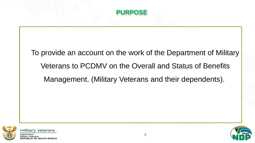 PRESENTATION TO THE PORTFOLIO COMMITTEE ON DEFENCE - slide 3 of 29