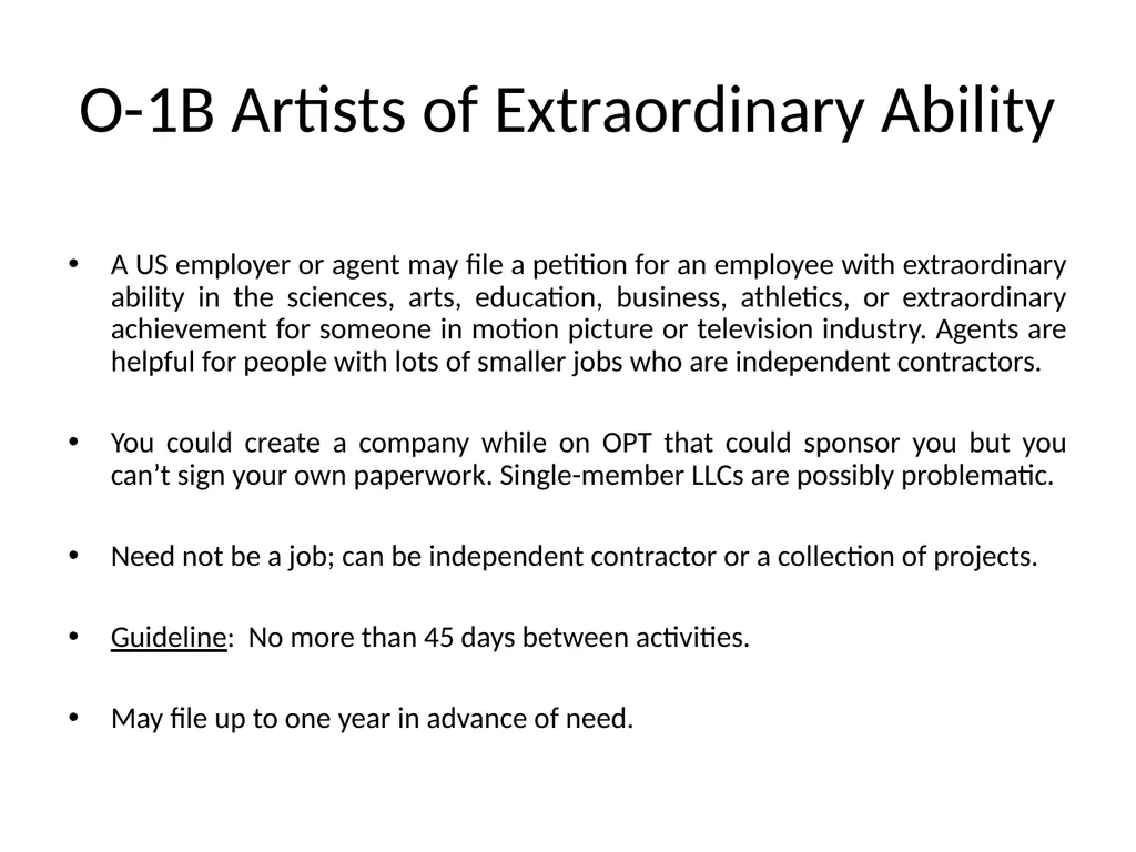 Visa Options for Artists and Professional Workers: - slide 18 of 71