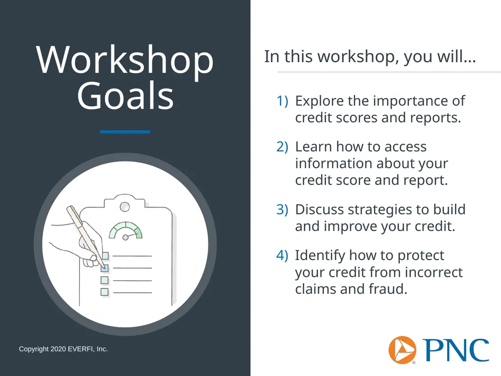 Credit Scores and Reports Workshop Goals Explore - slide 2 of 23
