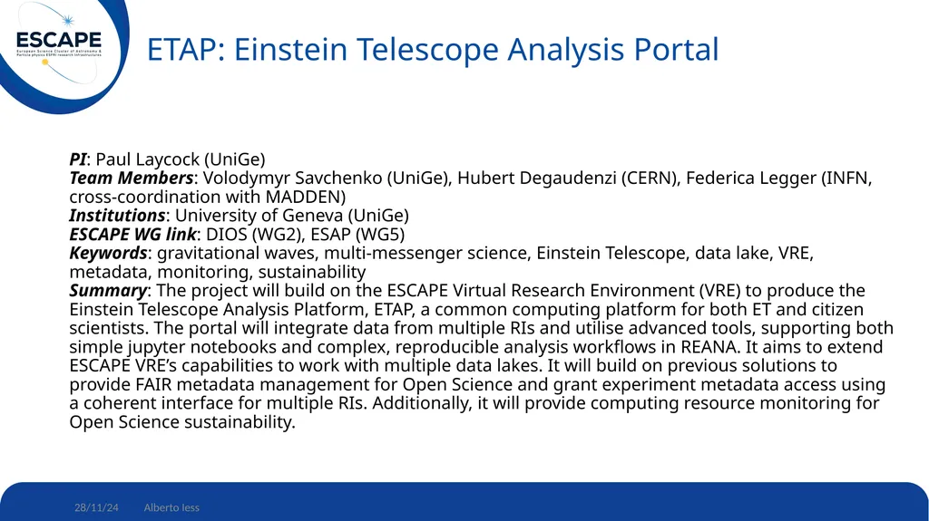 Update on ESCAPE-wise projects funded by the first - slide 8 of 17