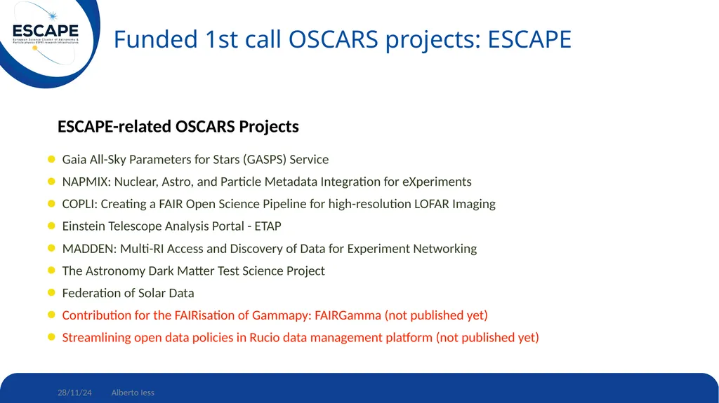Update on ESCAPE-wise projects funded by the first - slide 2 of 17