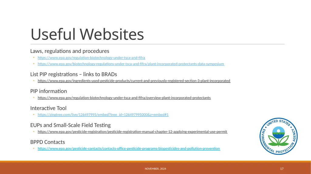 US Regulation of Biocontrol Products November, - slide 17 of 17