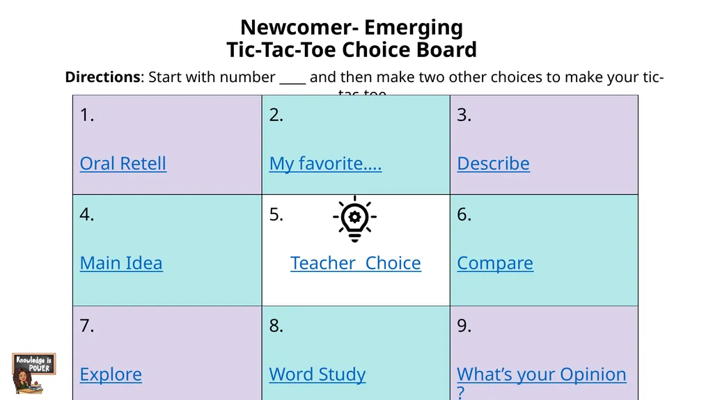 Newcomer- Emerging Tic-Tac-Toe Choice Board - slide 1 of 10