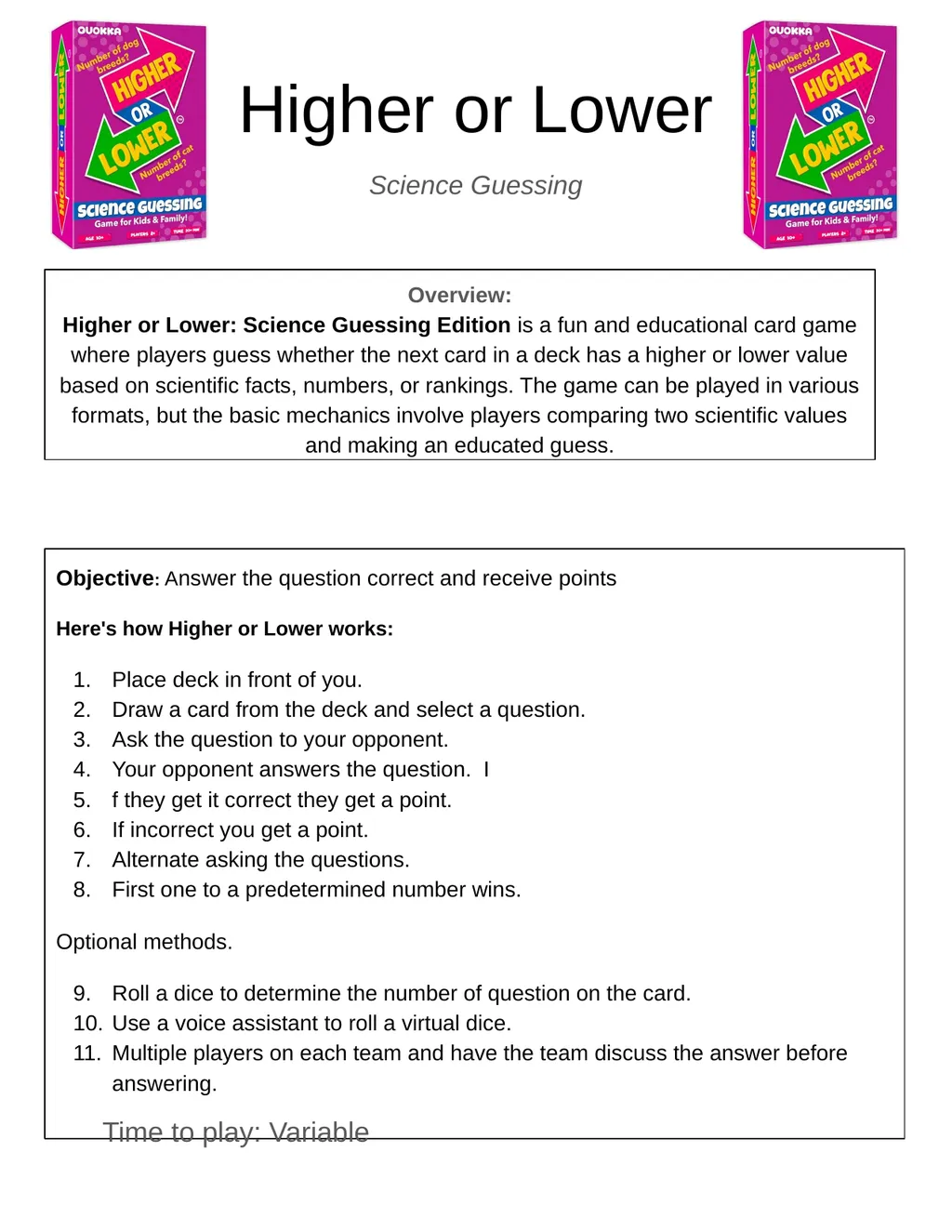Higher or Lower Science Guessing Overview: Higher - slide 1 of 4