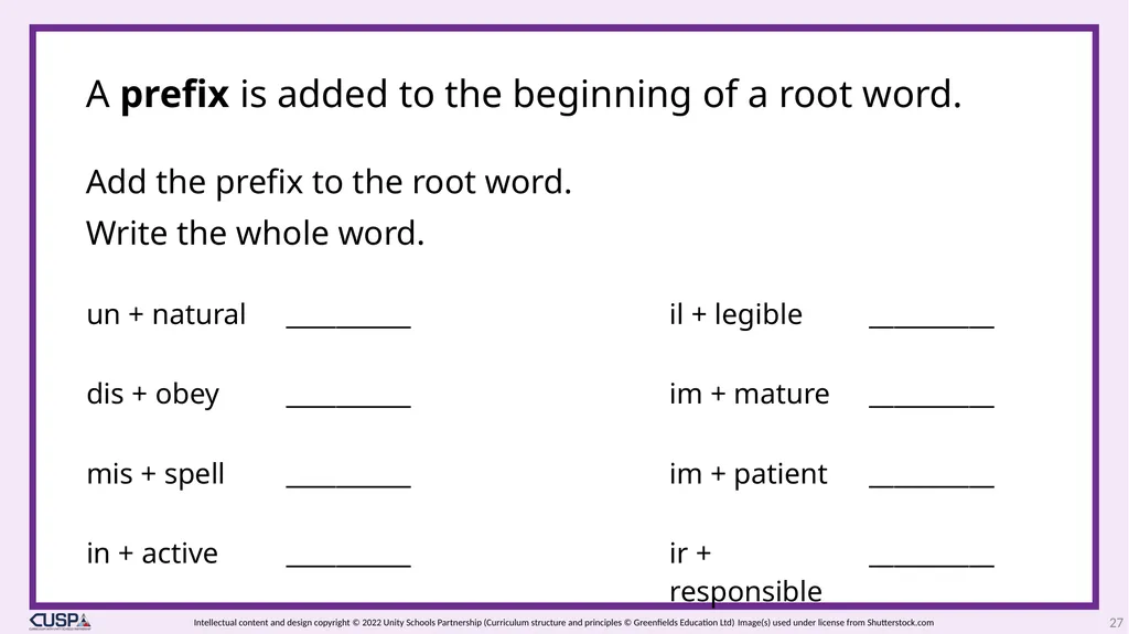 CUSP Spelling Year 3 Block 13 More prefixes 1 2 - slide 27 of 33