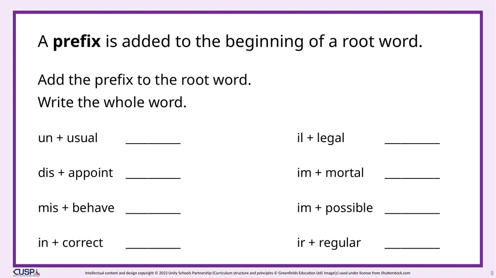 CUSP Spelling Year 3 Block 13 More prefixes 1 2 - slide 8 of 33