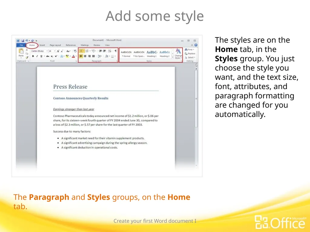 Microsoft® Word 2010 Training Create your first - slide 18 of 39