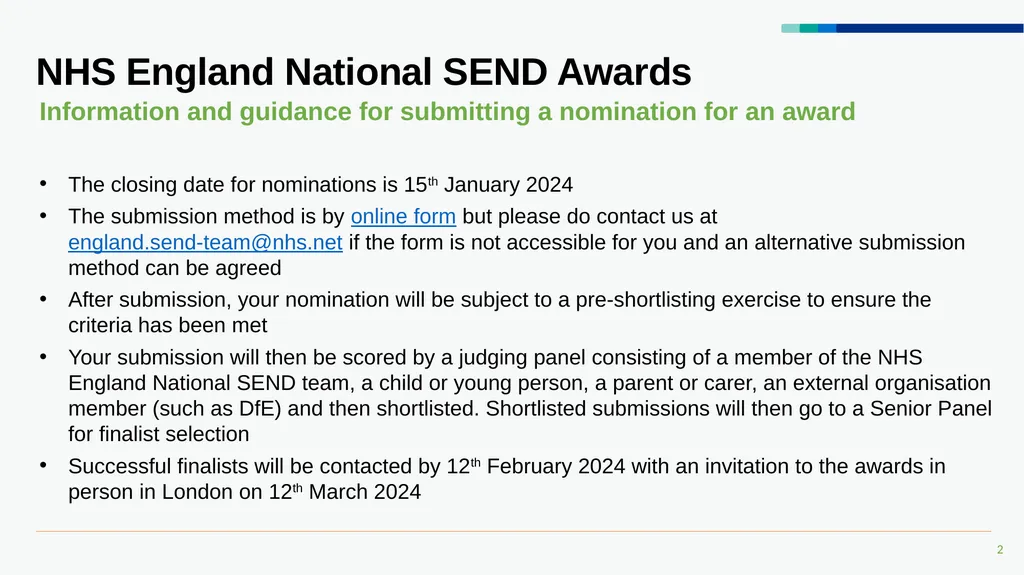NHS England SEND Awards 2024 Nomination Guidance - slide 2 of 6