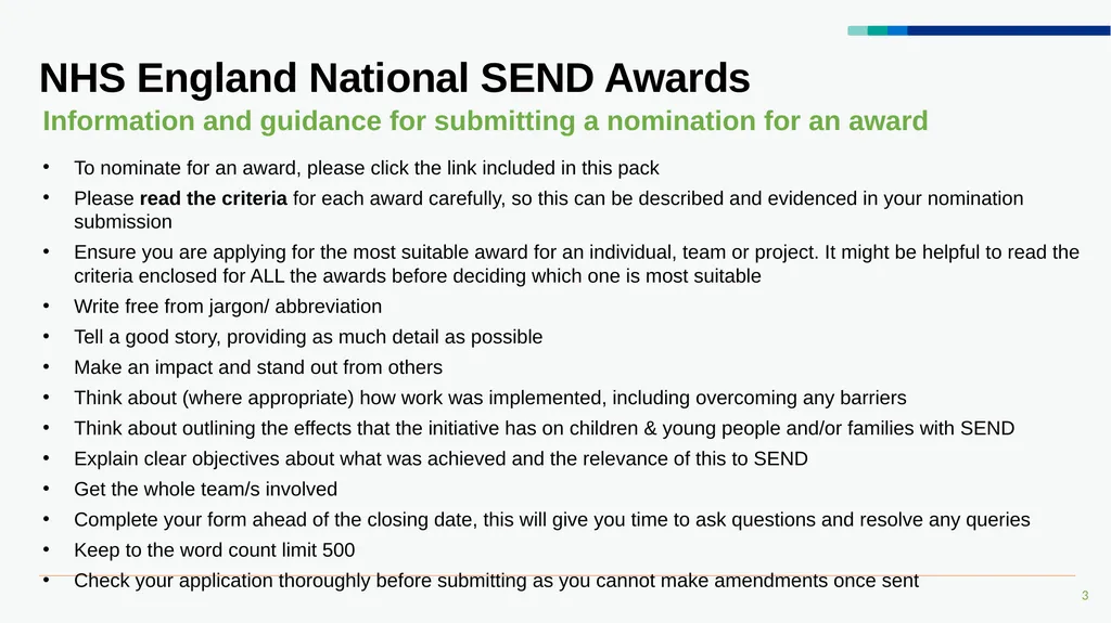 NHS England SEND Awards 2024 Nomination Guidance - slide 3 of 6