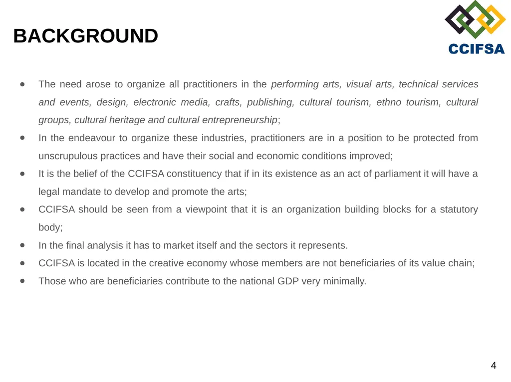 PORTFOLIO COMMITTEE PRESENTATION PREAMBLE Cultural - slide 4 of 21