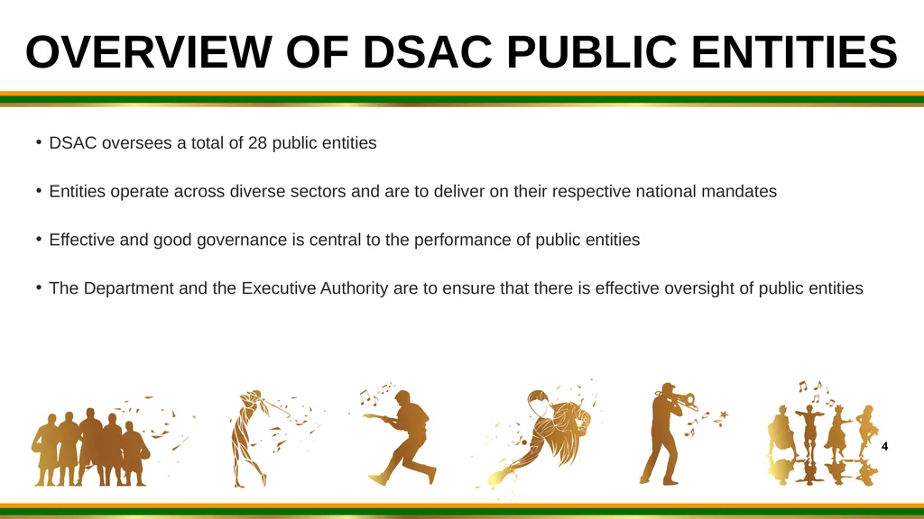 1 DSAC BRIEFING TO PC ON SPORT ARTS AND CULTURE: - slide 4 of 18