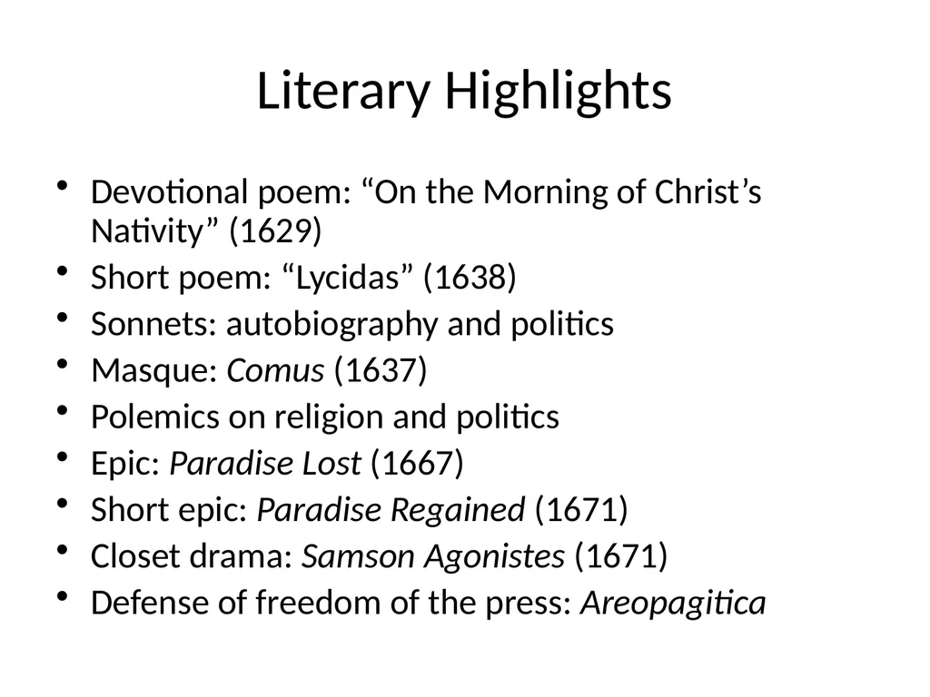 Milton’s Life and Times ENGL 622 Dr. Fike Main - slide 9 of 10