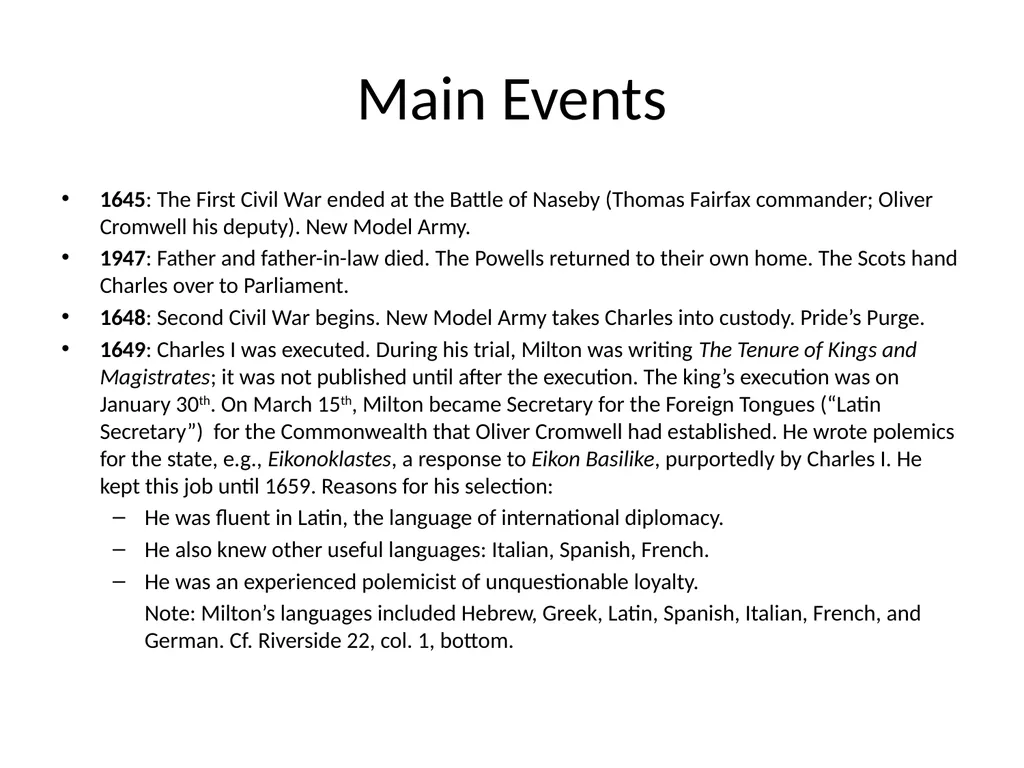 Milton’s Life and Times ENGL 622 Dr. Fike Main - slide 5 of 10