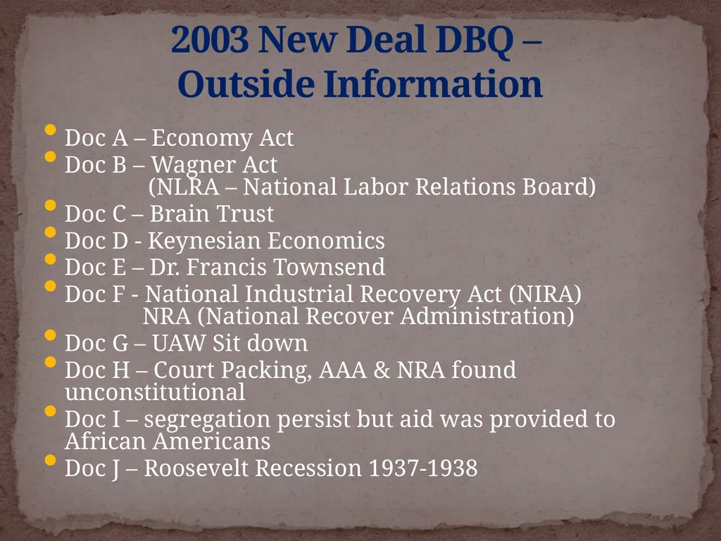 NEW DEAL DBQ Historical Thinking Skills: - slide 101 of 101