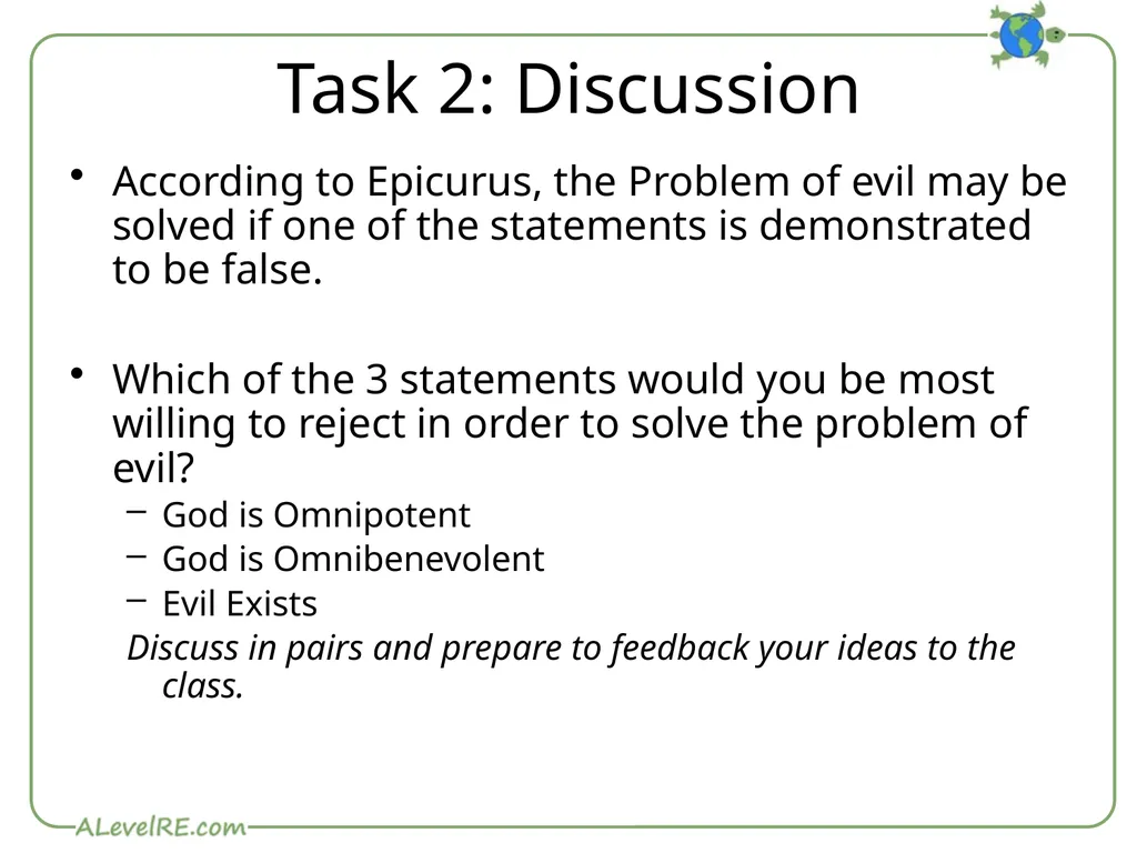 The Problem of Evil The Logical Problem Epicurus - slide 4 of 8