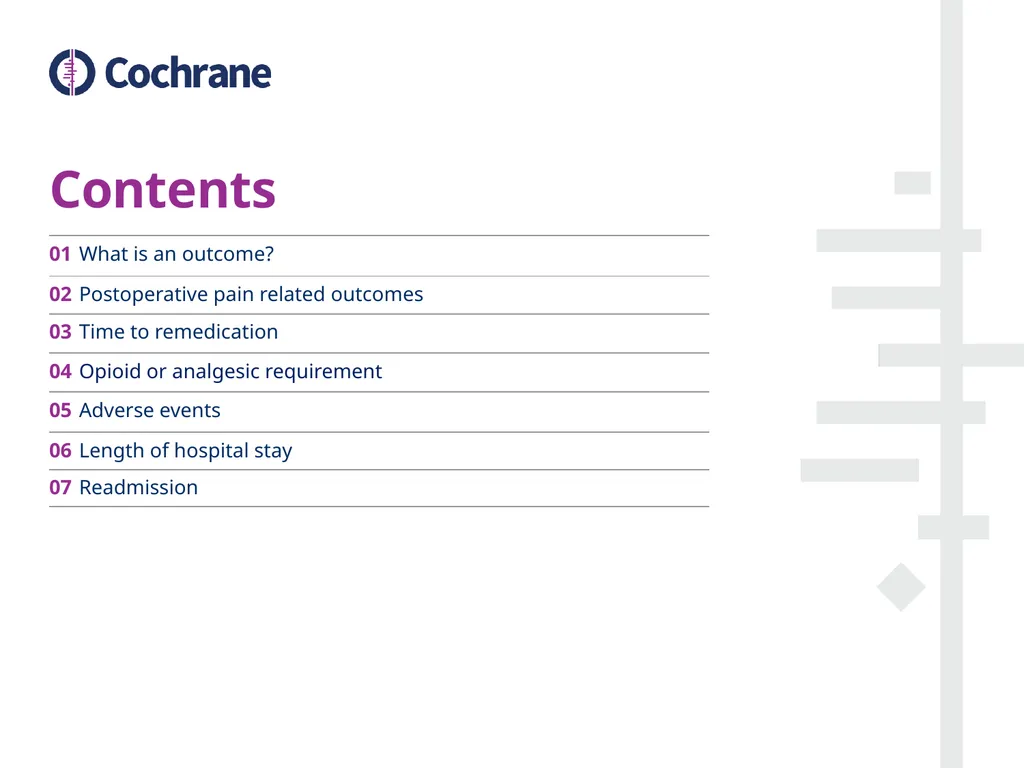 Postoperative pain Looking at outcomes Contents - slide 2 of 22