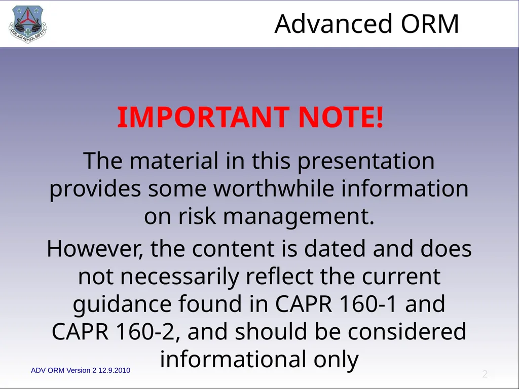 1 ADVANCED LEVEL OPERATIONAL RISK MANAGEMENT Civil - slide 2 of 65