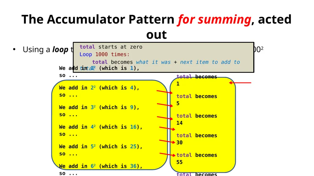 The Accumulator Pattern Summing: Add up - slide 2 of 8