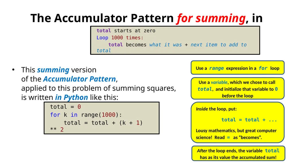 The Accumulator Pattern Summing: Add up - slide 3 of 8