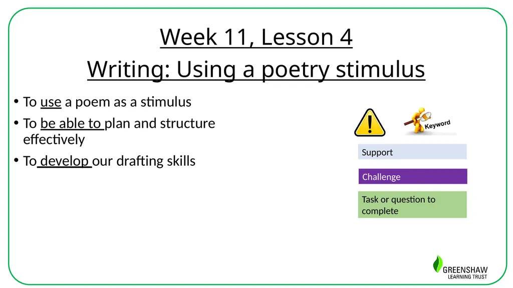 Week 11, Lesson 4 Writing: Using a poetry stimulus - slide 1 of 14