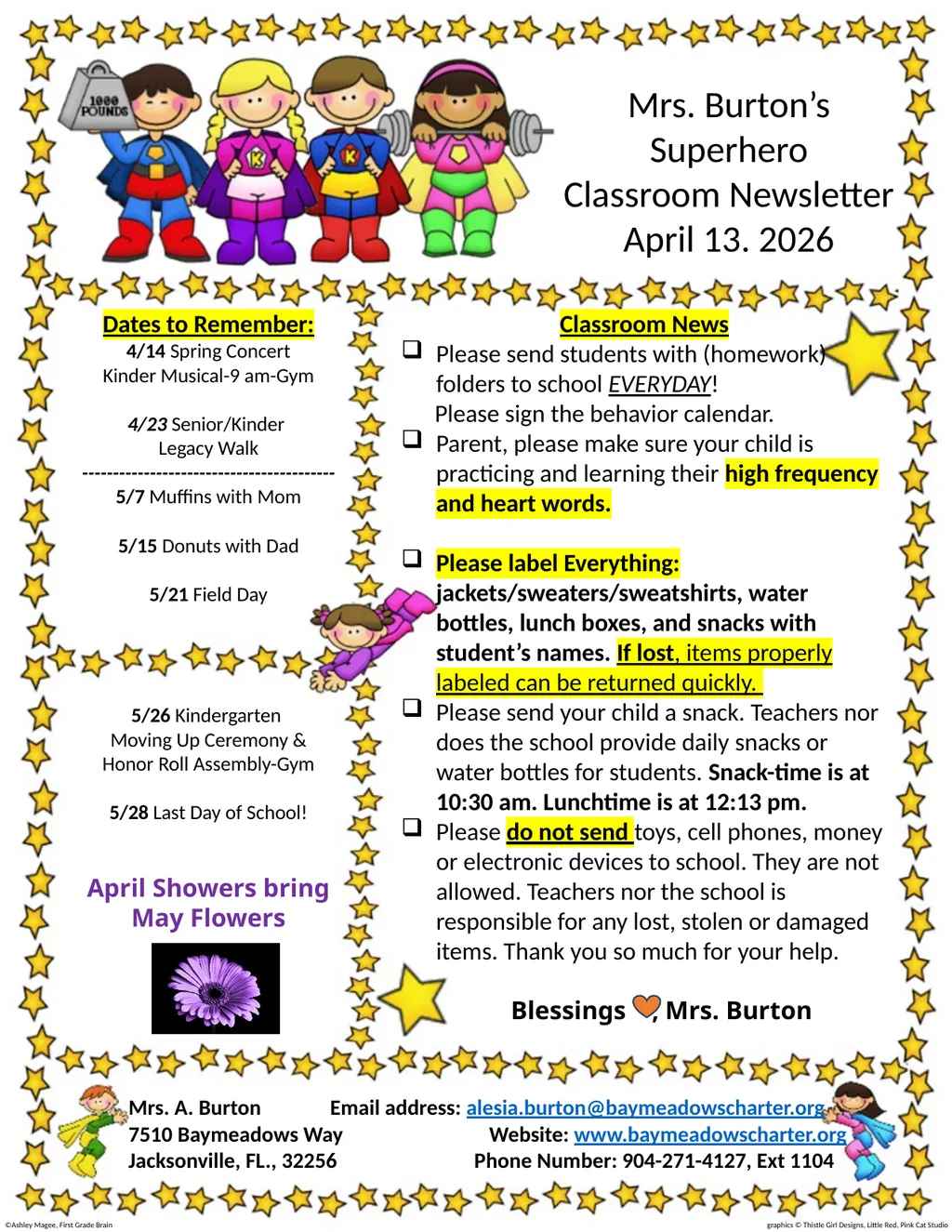 Mrs. Burton’s Superhero Classroom Newsletter April - slide 1 of 2
