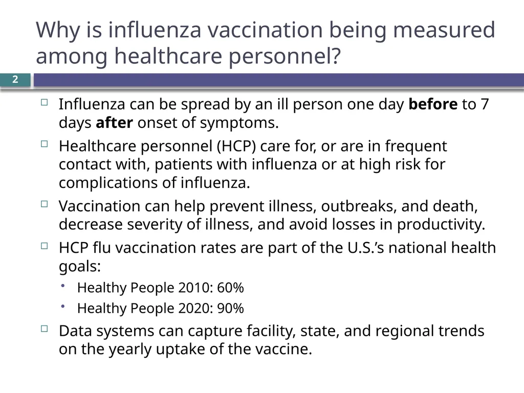 Overview of the NHSN Healthcare worker influenza - slide 2 of 23
