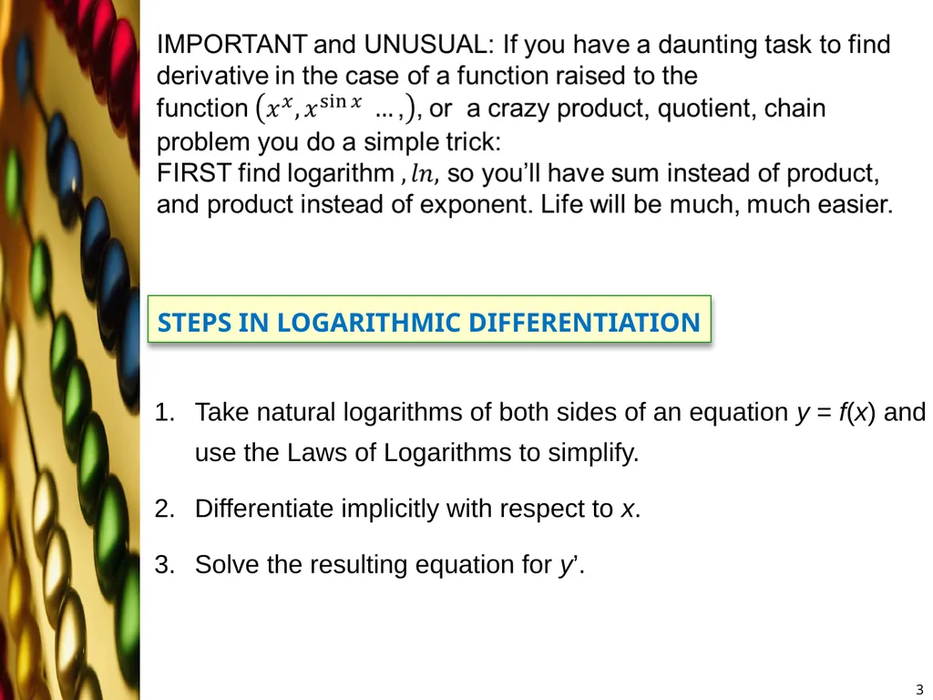 Derivative of Logarithmic Functions 1 3- - slide 3 of 5